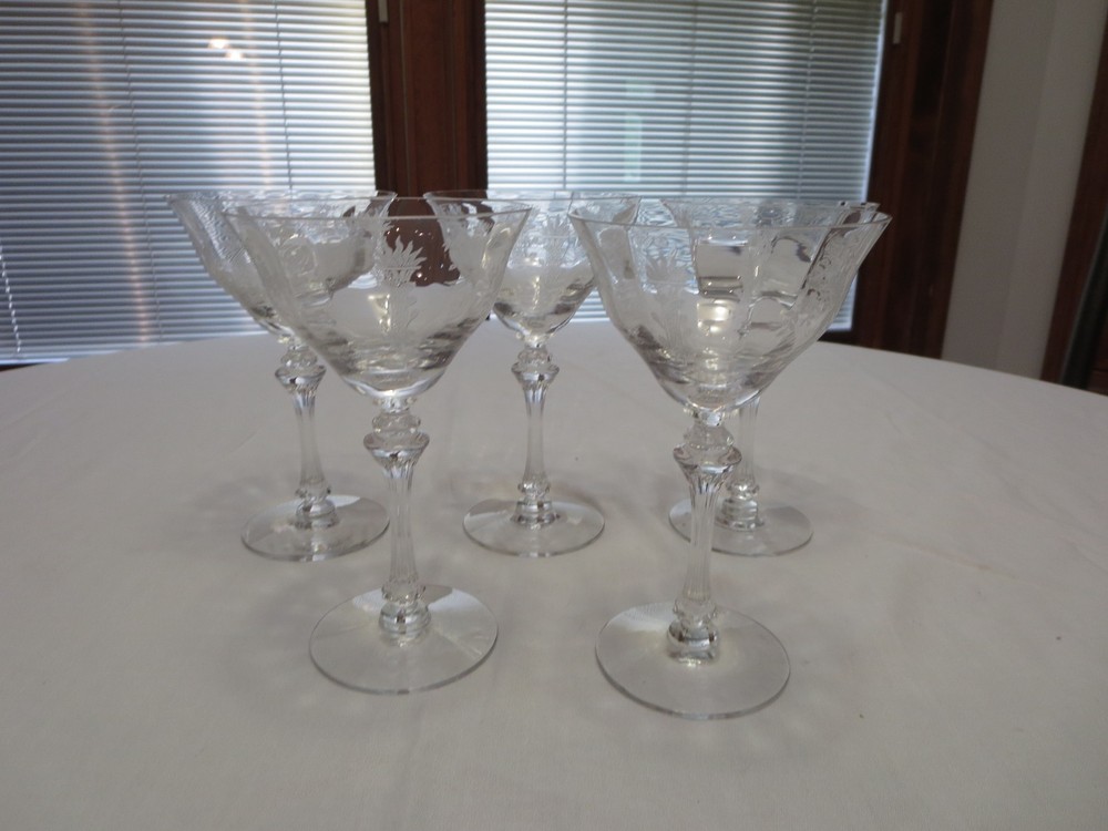 5 Tiffin Franciscan PERSIAN PHEASANT Champagne Sherbet Glasses Etched Birds
