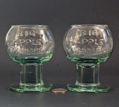 RARE 2 BIG APPLE Shaped SCHNAPS Green Tint 6oz GLASS GOBLET Thick Stem 4″ Tall