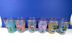 VTG. FLAMINGO PALMS FROSTED GLASSES SET 6 MIAMI BEACH FL MCM BARTLETT COLLINS