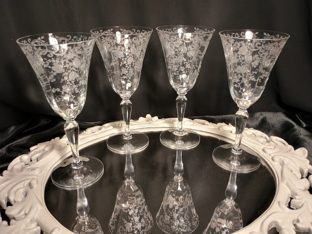 4 Cambridge CHANTILLY Lacy Needle Etch Optic Water/Wine Glasses Goblets Set