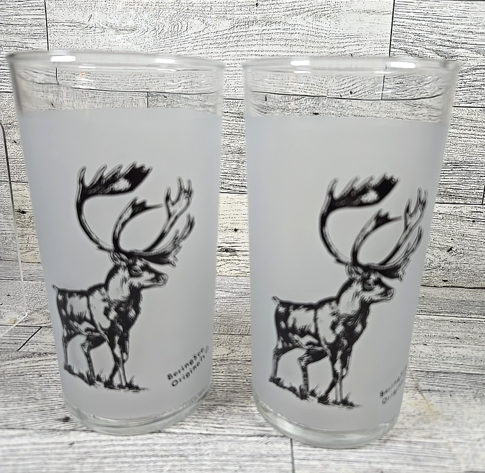 2 Vintage Bering Sea Originals Frosted Glasses Juice Caribou Alaska Barware