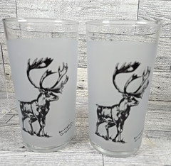 2 Vintage Bering Sea Originals Frosted Glasses Juice Caribou Alaska Barware