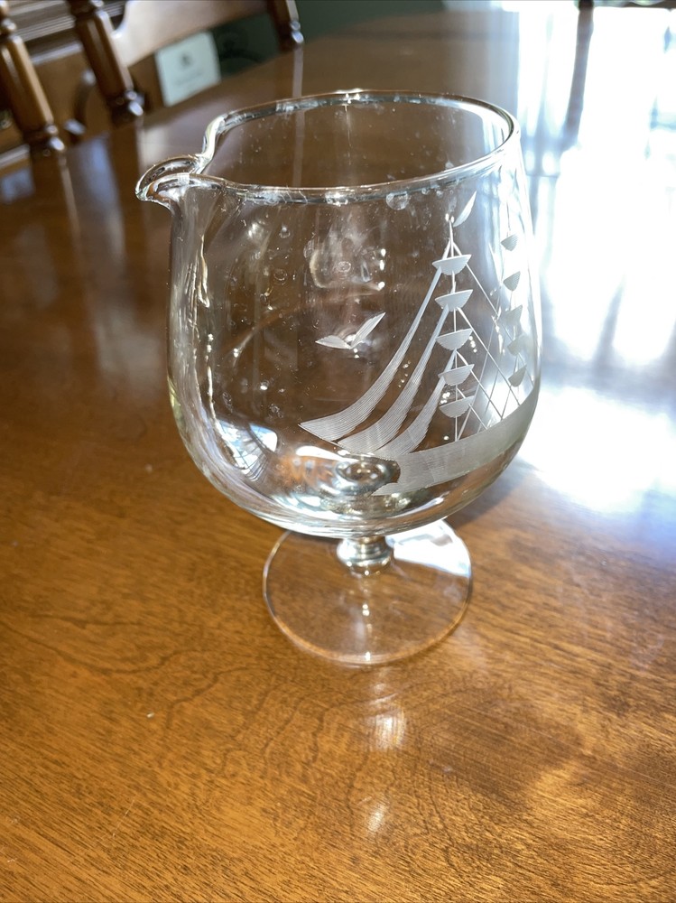 Vintage Brandy Snifter Etched Clipper Ship Pour Spout If Mixing or Wine Tasting