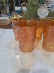 Set of 5 Vintage MCM Amber Crackle Glass Tumblers Marigold Iridescent Finish
