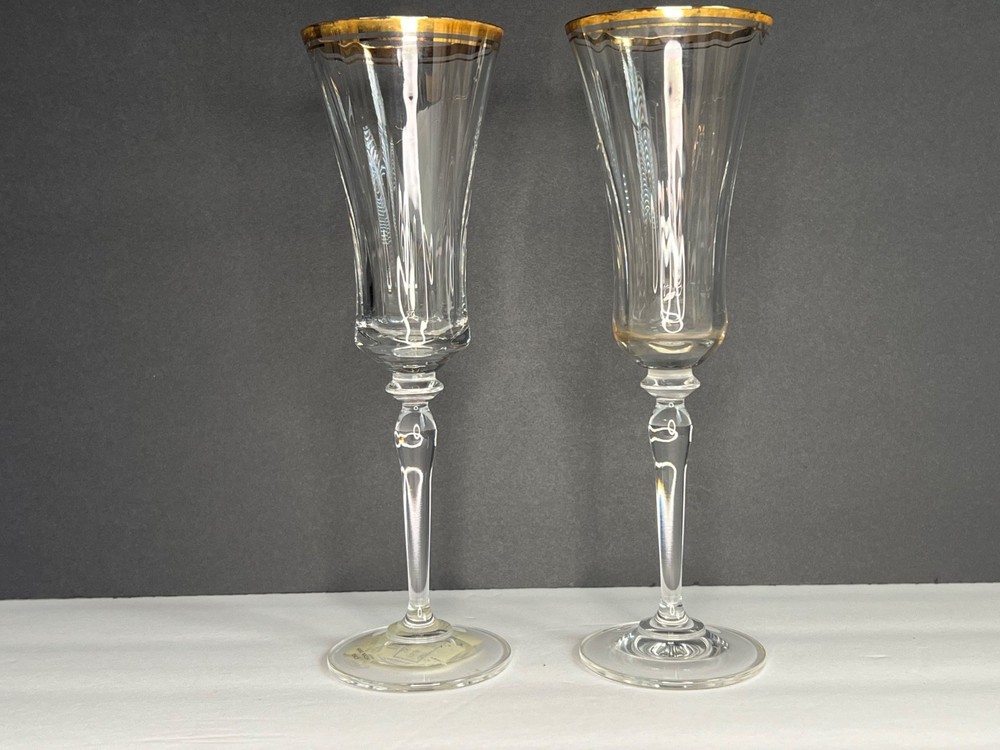 Set MIKASA Jamestown Clear 24 KT Gold Trim Champagne Flute Blown Made in Austria