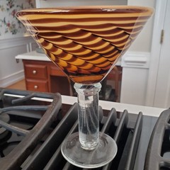 Tortoise Shell Pulled Feather Blown Glass Martini Cocktail Glass Heavy Sturdy