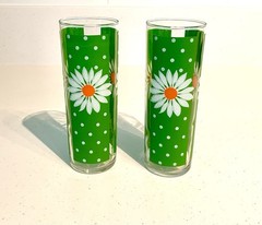 RARE 1960s Pasinski Signed Daisy Glasses Set Retro Flower Power Green Barware *