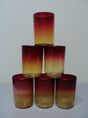 GORGEOUS SET/6 19th C. MT. WASHINGTON AMBERINA AMERICAN ART GLASS TUMBLERS