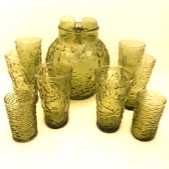 Vintage Green Glass Pitcher and Glasses, 6 Tumblers, 2 Juice Glasses
