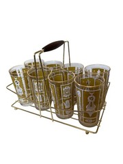 MCM Hazelware 9 pc Caddy Barware Drink Set. 8 Highball Glasses Gold Tone Carrier