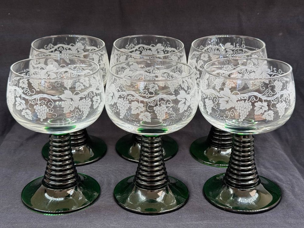 Set Of 6 Luminarc France Roemer Cordial Wine Glasses Green Vintage