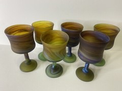 SIX HEBRON Hand-Blown Phoenician Glass Wine Goblets Matte Satin Multi ColorSwirl