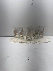 VTG TUMBLERS SET of 6 Clear with Floral Texture Gold Trim 5 1/4″ tall