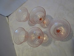 Antique HC Fry Glass Set 5 Pink Goblets Needle-Etch Ribbed Paneled 1920s