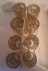 Set 8 Culver Prado Mid Century 22kt Gold Green Highball Glasses W/ Carrier MCM
