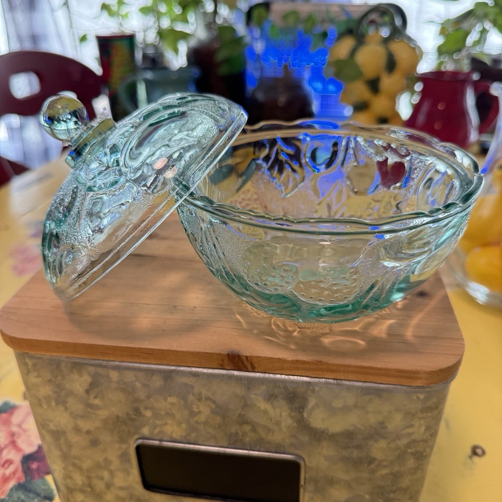 Vintage Aqua Pressed Glass Candy Dish w Lid Floral Mid Century Bowl USA