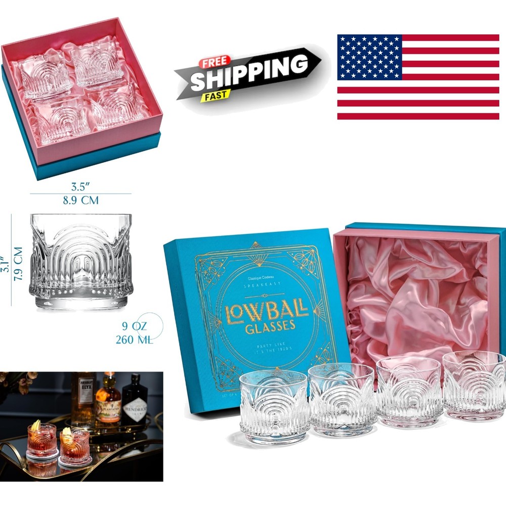 Vintage Art Deco Lowball Cocktail Glasses Set of 4 9 oz Crystal Tumblers