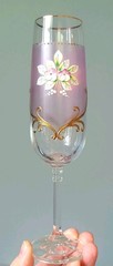 Bohemian Czech Glass 7oz Champagne Flute Raised Handpainted Pink Flowers 22kGold