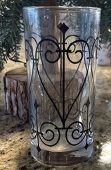 Vintage Glass Drinking Glass Black Scroll 5 1/2″