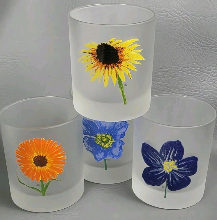 Vintage 4 Dartington Designs Frosted Glass Tumblers Barware Flowers Colorful