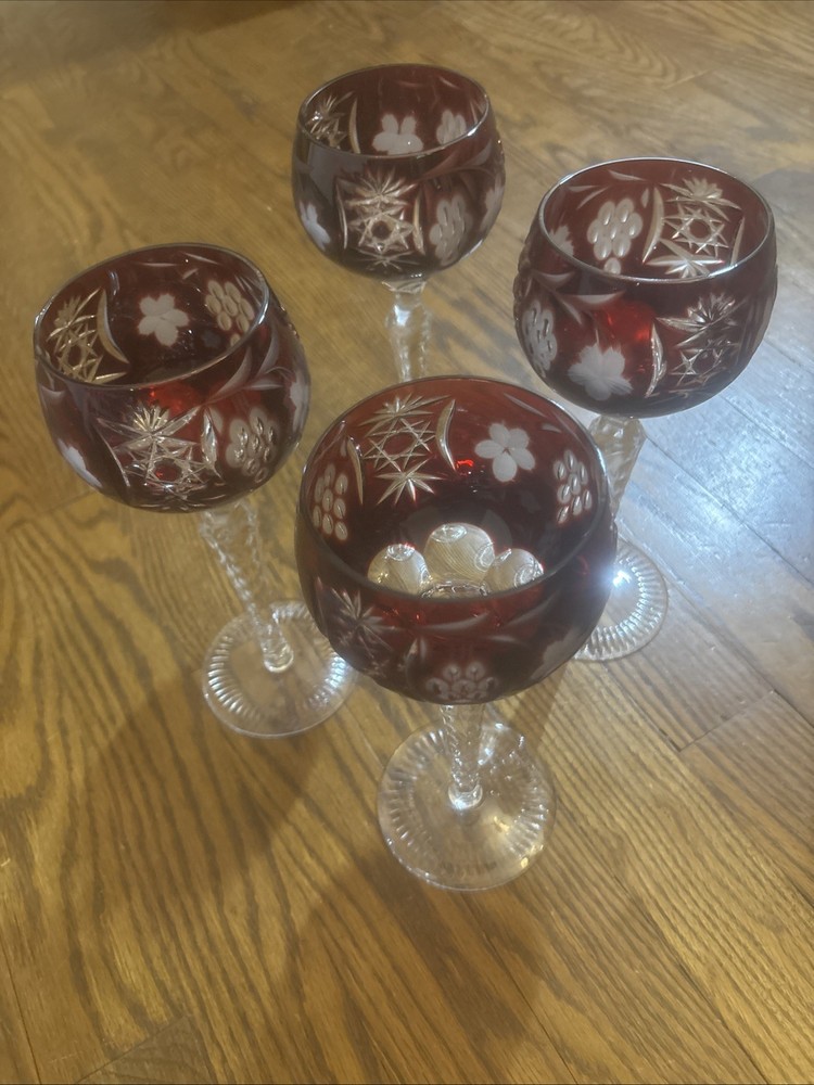 Vintage AJKA Crystal Marsala Red Cut And Clear 8 1/4″ Wine Glass Set Of 4