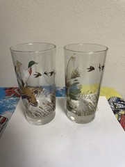 Libbey Glass 13 Oz Mallard Ducks & Bass Fish Cocktail Highball Glass 1960s