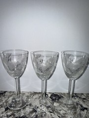 Vintage Set of 3 Etched Cordial Glasses Leaf & Dot Pattern MCM 5.2 in Tall