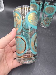 4 PC MCM Blue And Gold Drinking Glasses Barware