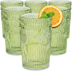 Glassware Set 6 Vintage Ribbed Green Drinking Glasses 13 oz Hand Wash Only