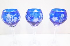 SET 3 BOHEMIAN CZECH CUT TO CLEAR CRYSTAL Hock Wine GLASSES Goblets COBALT BLUE