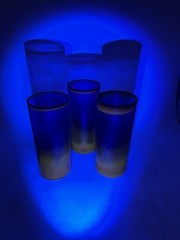 Vtg Drinkware Amber Blue Green UV Glow Reactive Glass 6 in. Tumbler Set of 3