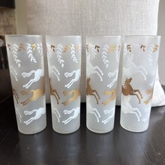 Libbey Cavalcade Prancing Horses Frosted Drinking Glasses MCM 7″ tall Set of 4