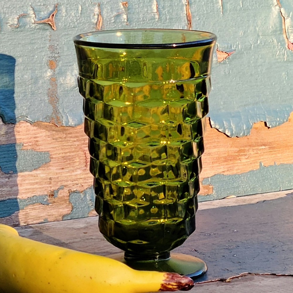 Vintage Indiana Glass Flare Rim Dark Green Cube 12-oz Tumbler