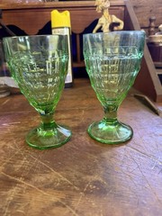 HAZEL ATLAS COLONIAL BLOCK GREEN URANIUM GLASS WATER GOBLETS SET/2