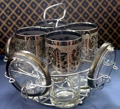 VTG Kimiko Silver Fade Grapevine MCM Barware Highball Glasses Coasters & Caddy