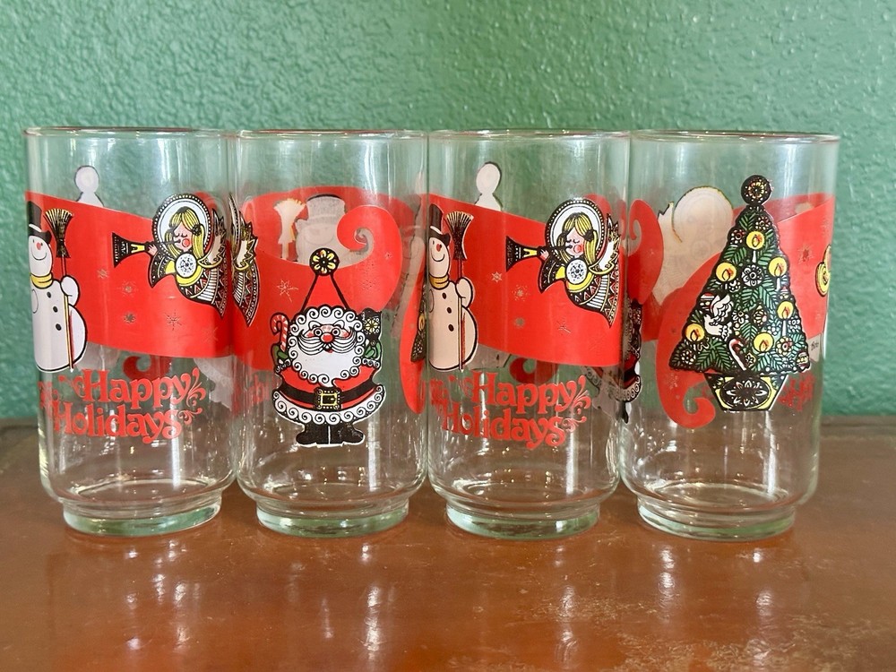 VTG Set of 4 Libbey Christmas Happy Holidays Glasses Tumblers Santa Tree Angel