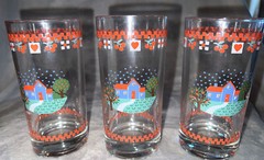 3 Retro Drink Glasses Cherry Hearts Gingham Checks Tumblers Country cottage Red