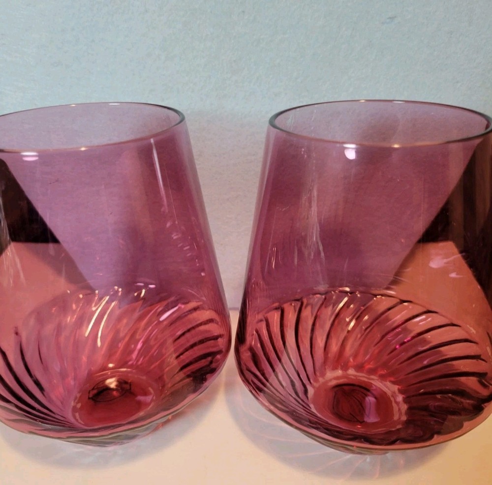 Amethyst Purple Handmade Swirl Stemless Wine Glasses Premium Quality Glass Lot 2