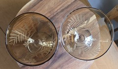 Michael Weems Hand Blown Glass Cocktail Glass Etched Ferns & Flowers Amber 5”x5”