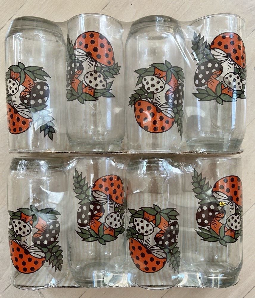 NOS Sealed Vintage Sears Merry Mushroom Glass Tumblers Set of 8 New
