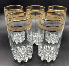 5 Vintage Drinking Glasses Heavy Bottom Gold Rim High Ball