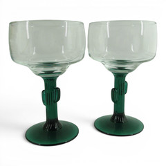 Unmarked Cactus Stem Margarita Glasses Set Of 2 Green Clear Barware Decor