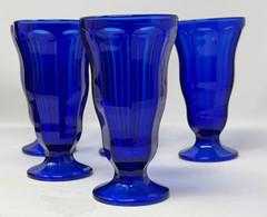 ANTIQUE 5 Cobalt Blue Goblets Panel Footed Glasses Water Ice Cream Ice Tea Malt