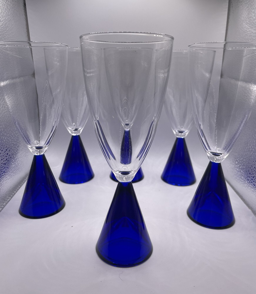 Sasaki Eon Blue 7 1/2″ Water Goblets Blue Stem Clear Bowl – Set of 6 Made Japan