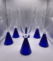 Sasaki Eon Blue 7 1/2″ Water Goblets Blue Stem Clear Bowl – Set of 6 Made Japan