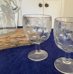 Vintage Bartlett Collins Etched Grapevine Pitcher with Gold Trim and 4 Glasses
