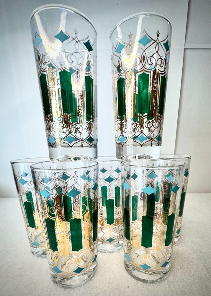 22K MCM Medallion High Ball Glasses (7) , Green & Turquoise & Gold Unique Design