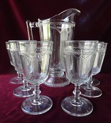 Antique EAPG Glass Water Pitcher with 6 Goblets, Diamond Lattice, King Son & Co.