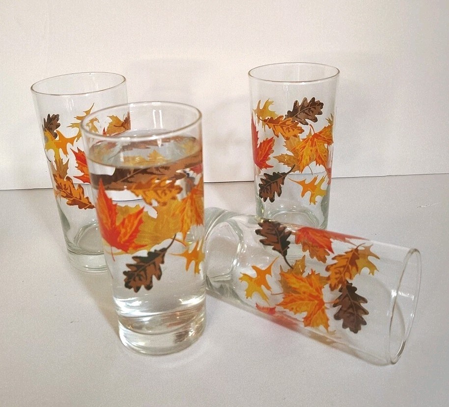 Set Of 4 – Libbey Crisa “Autumn Leaves” Tumblers Glasses 14 Oz