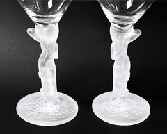 PAIR VINTAGE FROSTED FRENCH CRYSTAL NUDE NAKED LADY STEM WINE GLASSES ART DECO 1